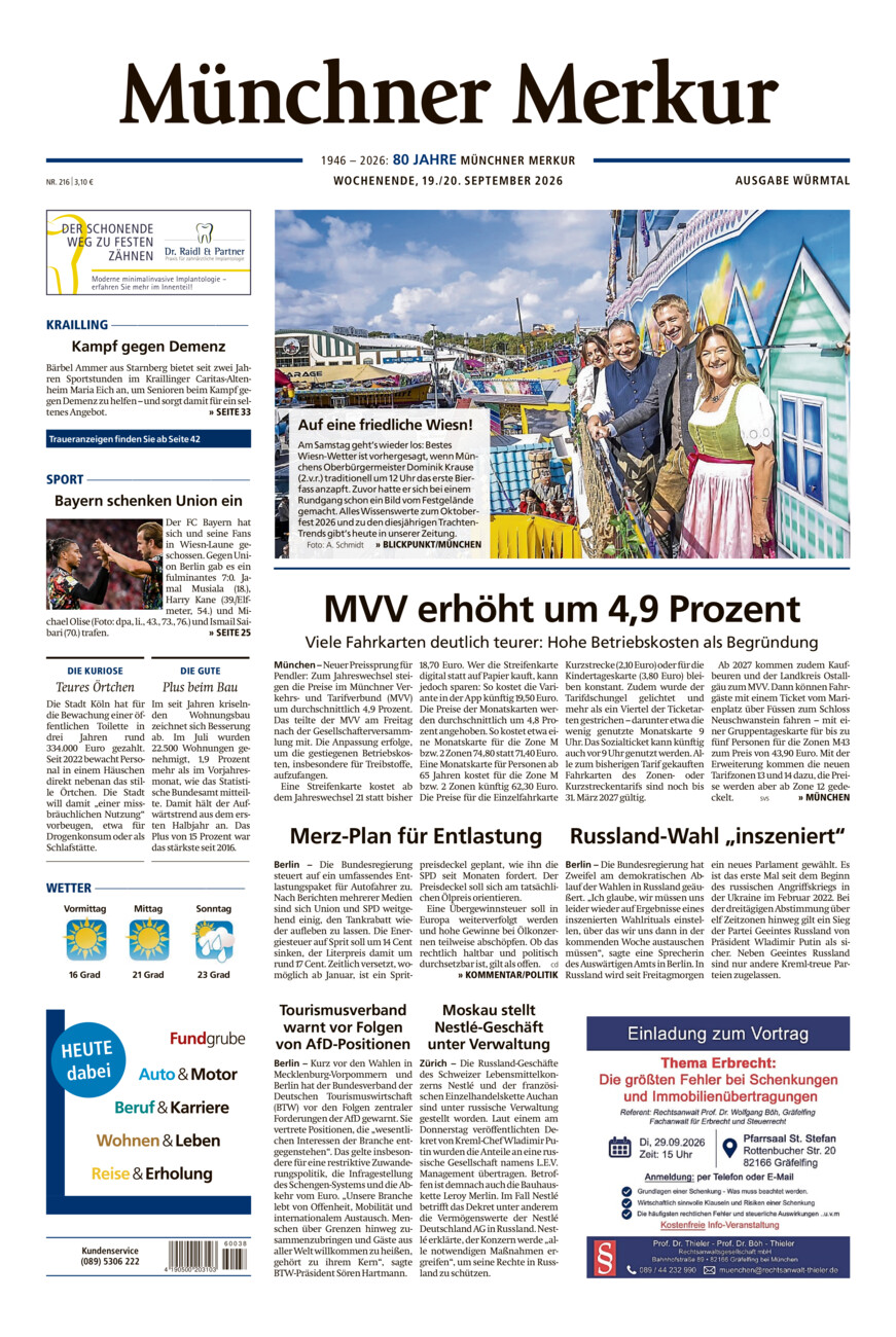 Münchner Merkur - Würmtal vom Samstag, 19.09.2026
