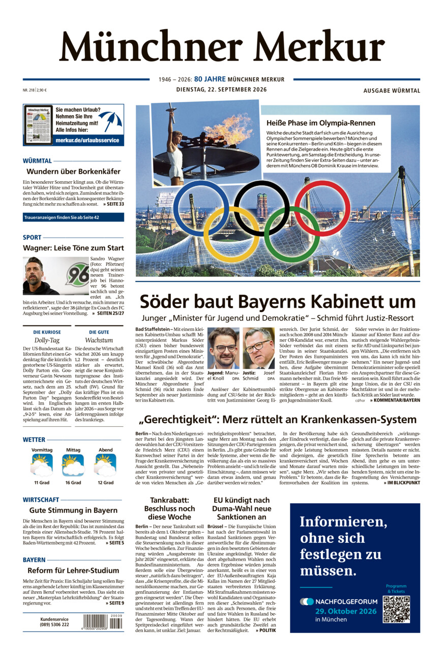 Münchner Merkur - Würmtal vom Dienstag, 22.09.2026