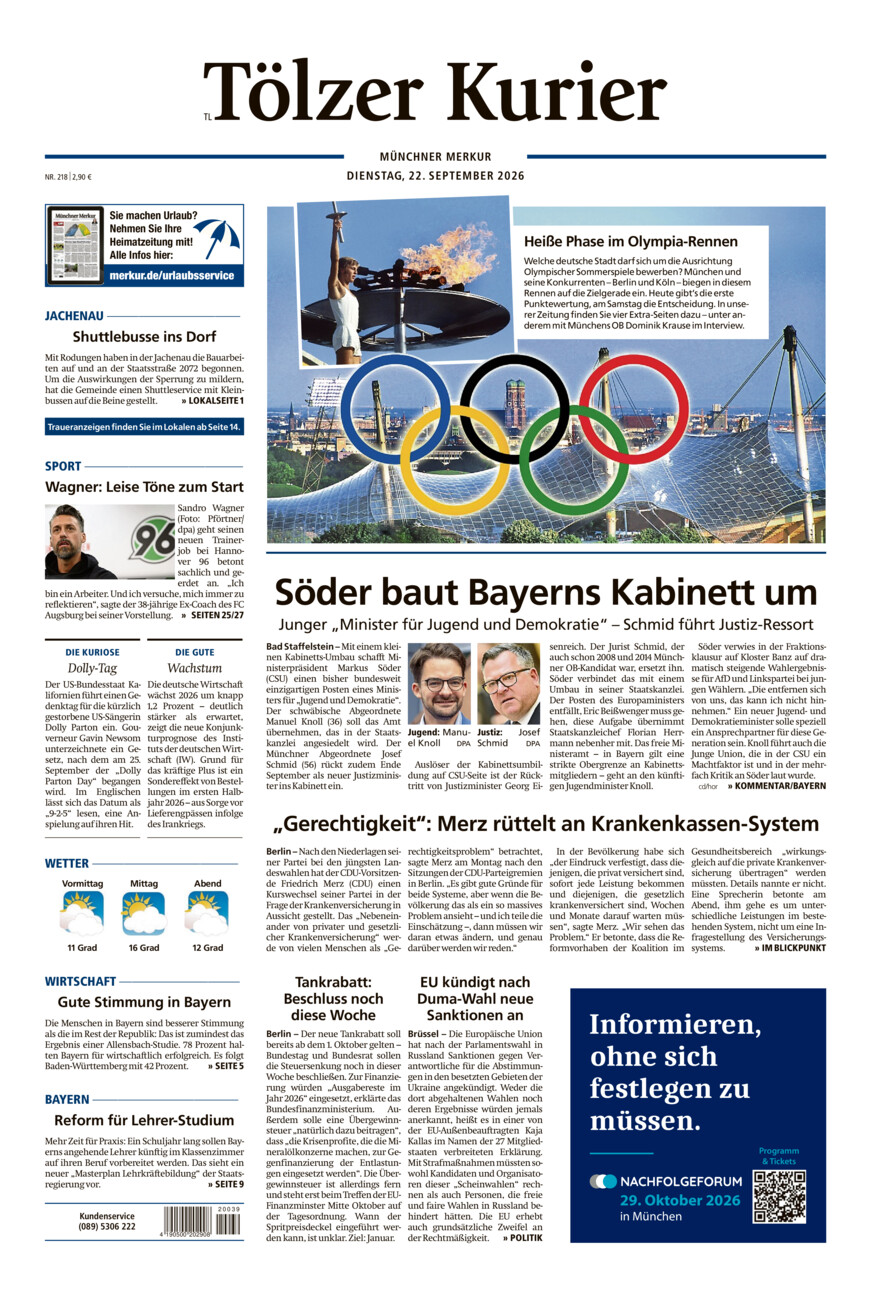Tölzer Kurier - Loisachtal (TL) vom Dienstag, 22.09.2026
