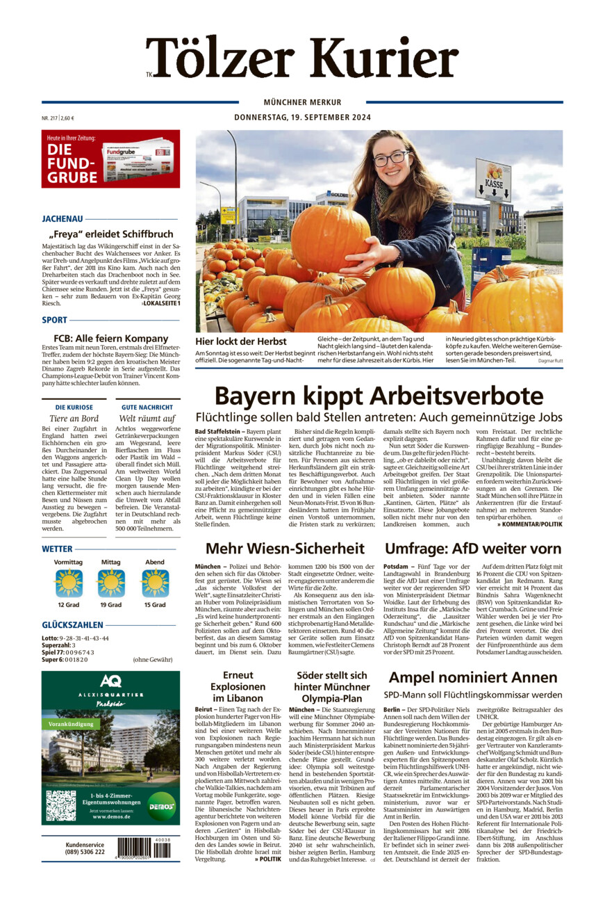 Tölzer Kurier - Loisachtal (TL) vom Donnerstag, 19.09.2024