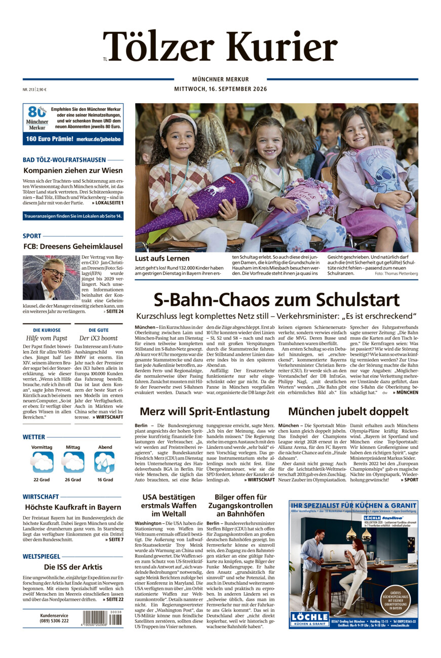 Tölzer Kurier - Loisachtal (TL) vom Mittwoch, 16.09.2026