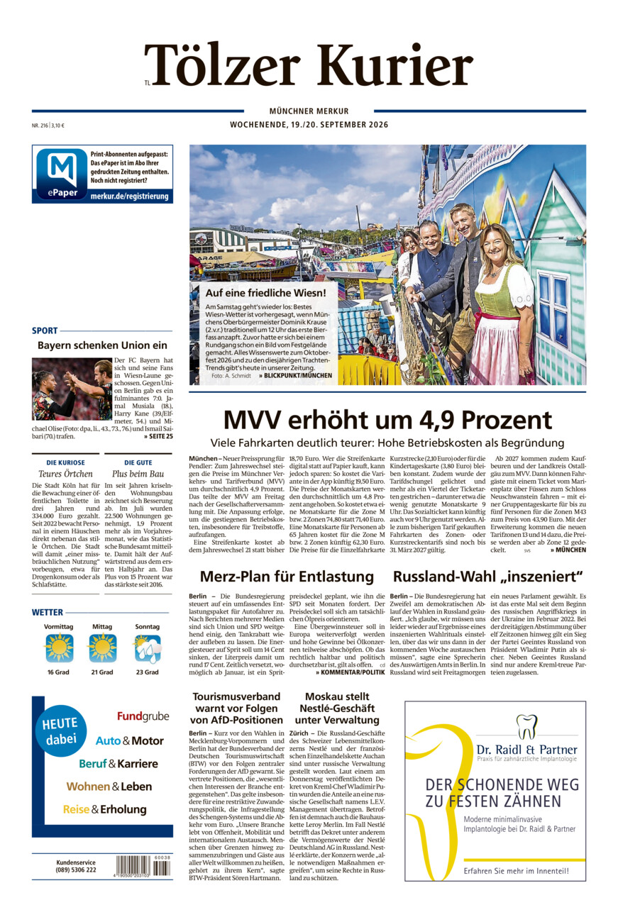Tölzer Kurier - Loisachtal (TL) vom Samstag, 19.09.2026