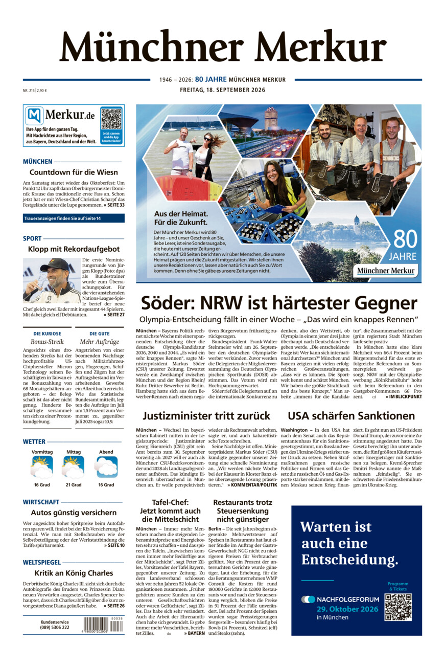 Münchner Merkur - Stadt vom Freitag, 18.09.2026