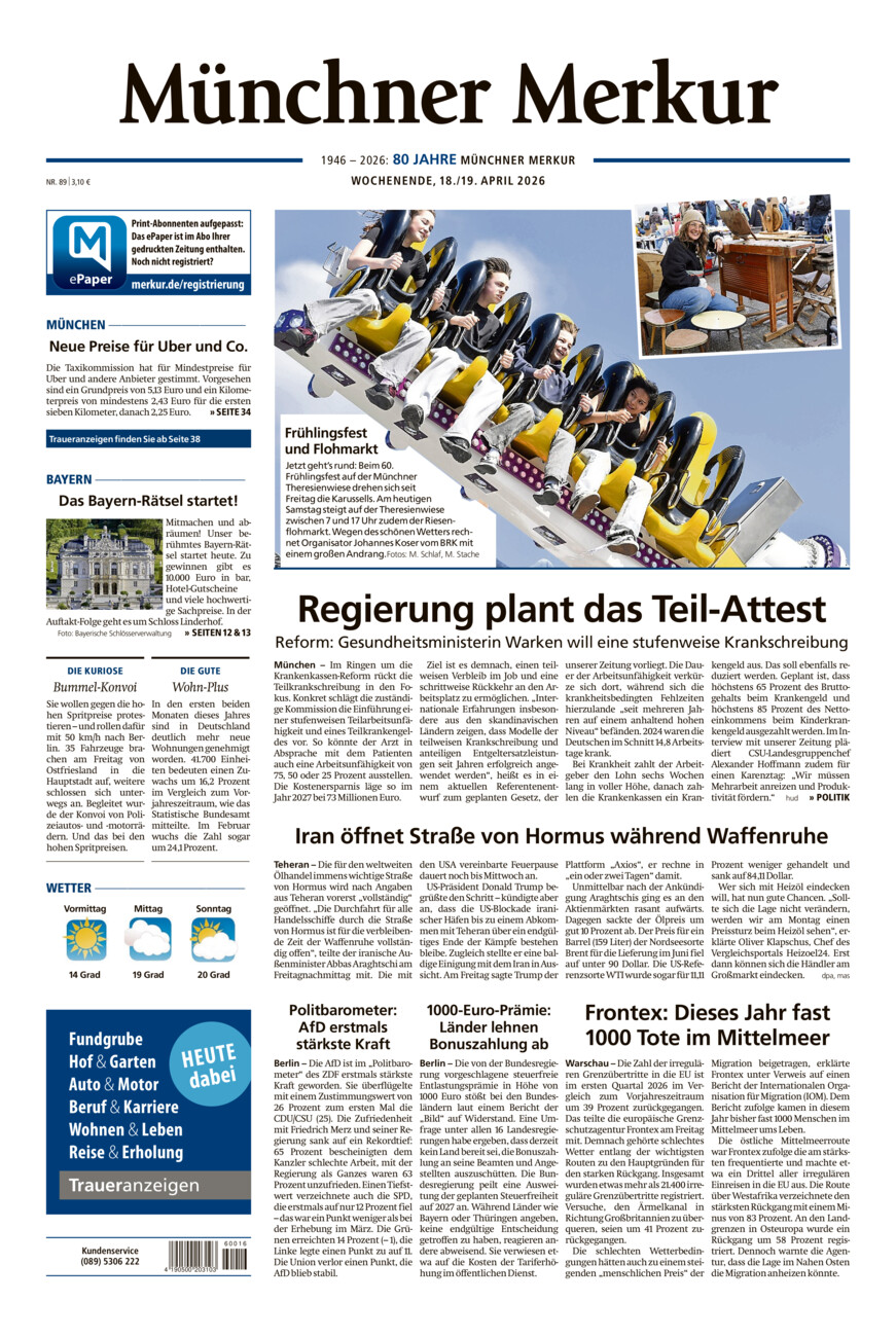 Münchner Merkur - Stadt vom Samstag, 18.04.2026
