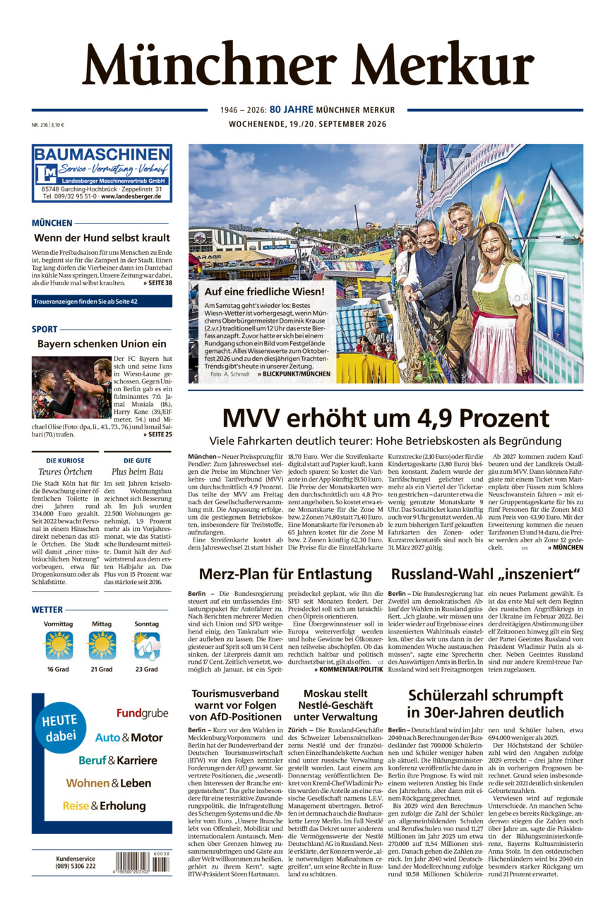 Münchner Merkur - Stadt vom Samstag, 19.09.2026