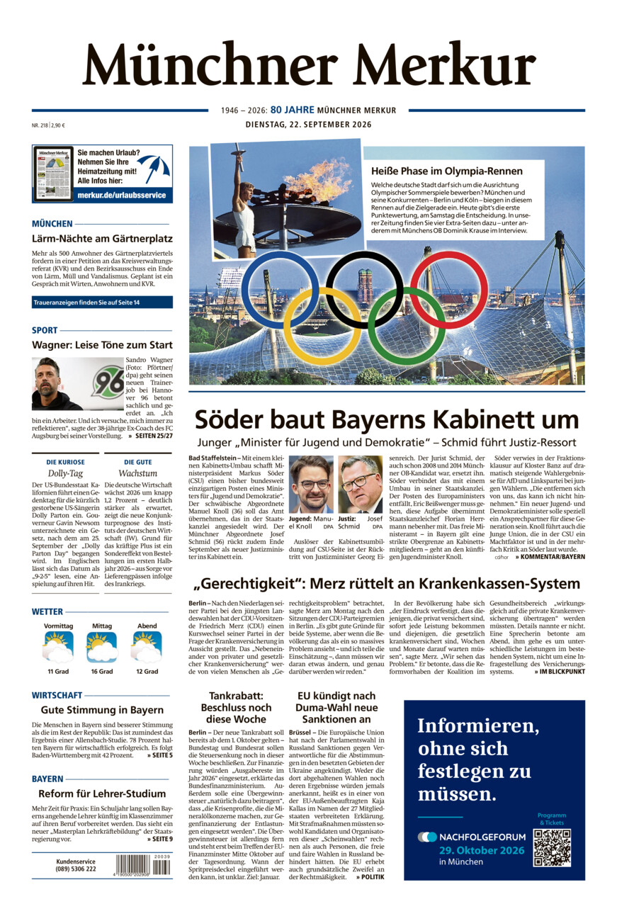 Münchner Merkur - Stadt vom Dienstag, 22.09.2026