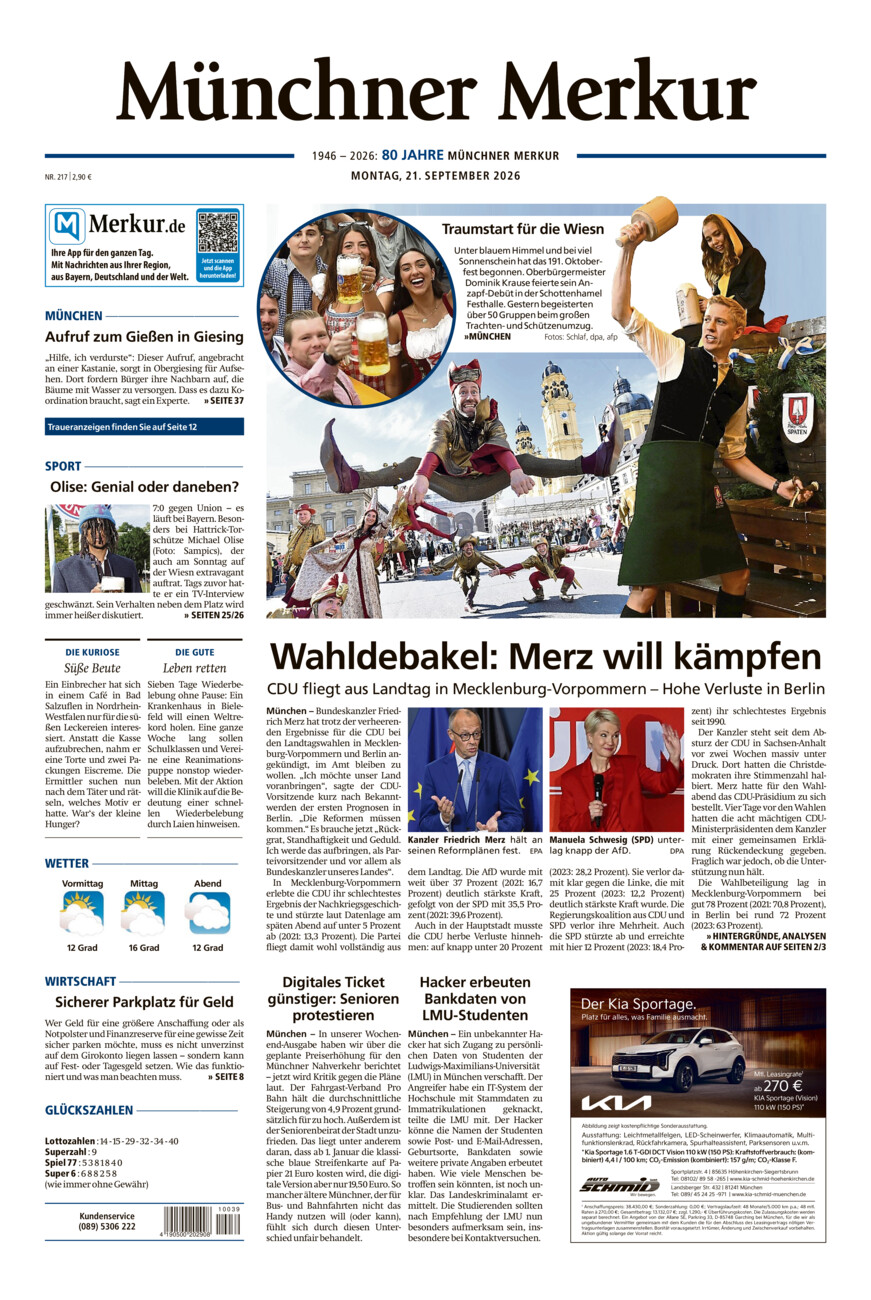 Münchner Merkur - Stadt vom Montag, 21.09.2026