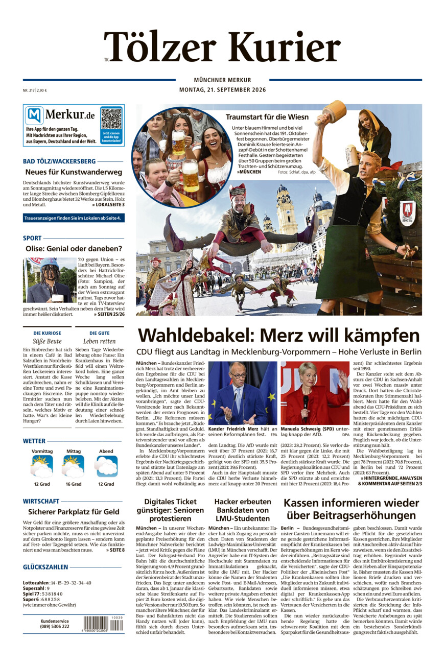Tölzer Kurier (TK) vom Montag, 21.09.2026