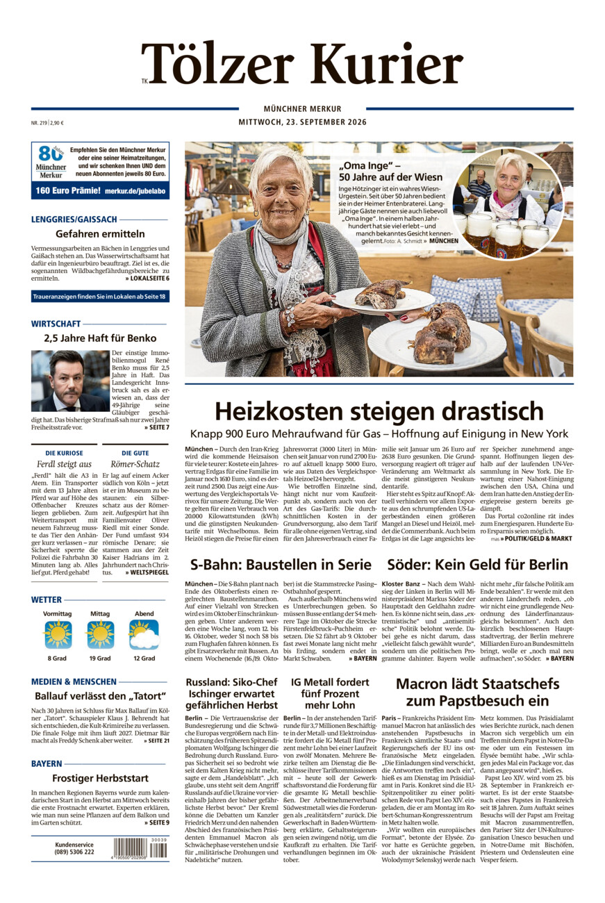 Tölzer Kurier (TK) vom Mittwoch, 23.09.2026