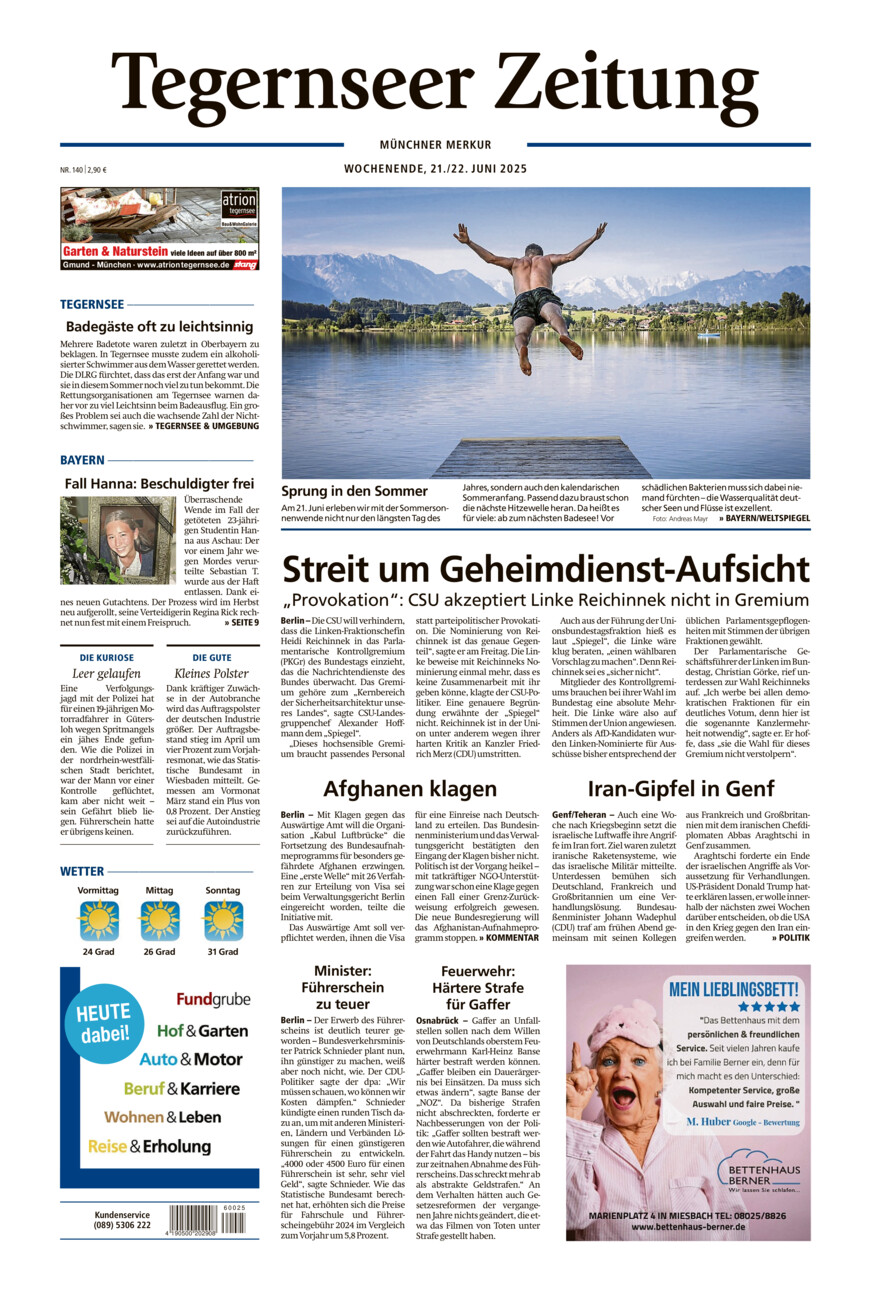 Tegernseer Zeitung vom Samstag, 21.06.2025