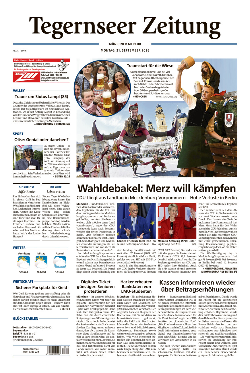 Tegernseer Zeitung vom Montag, 21.09.2026