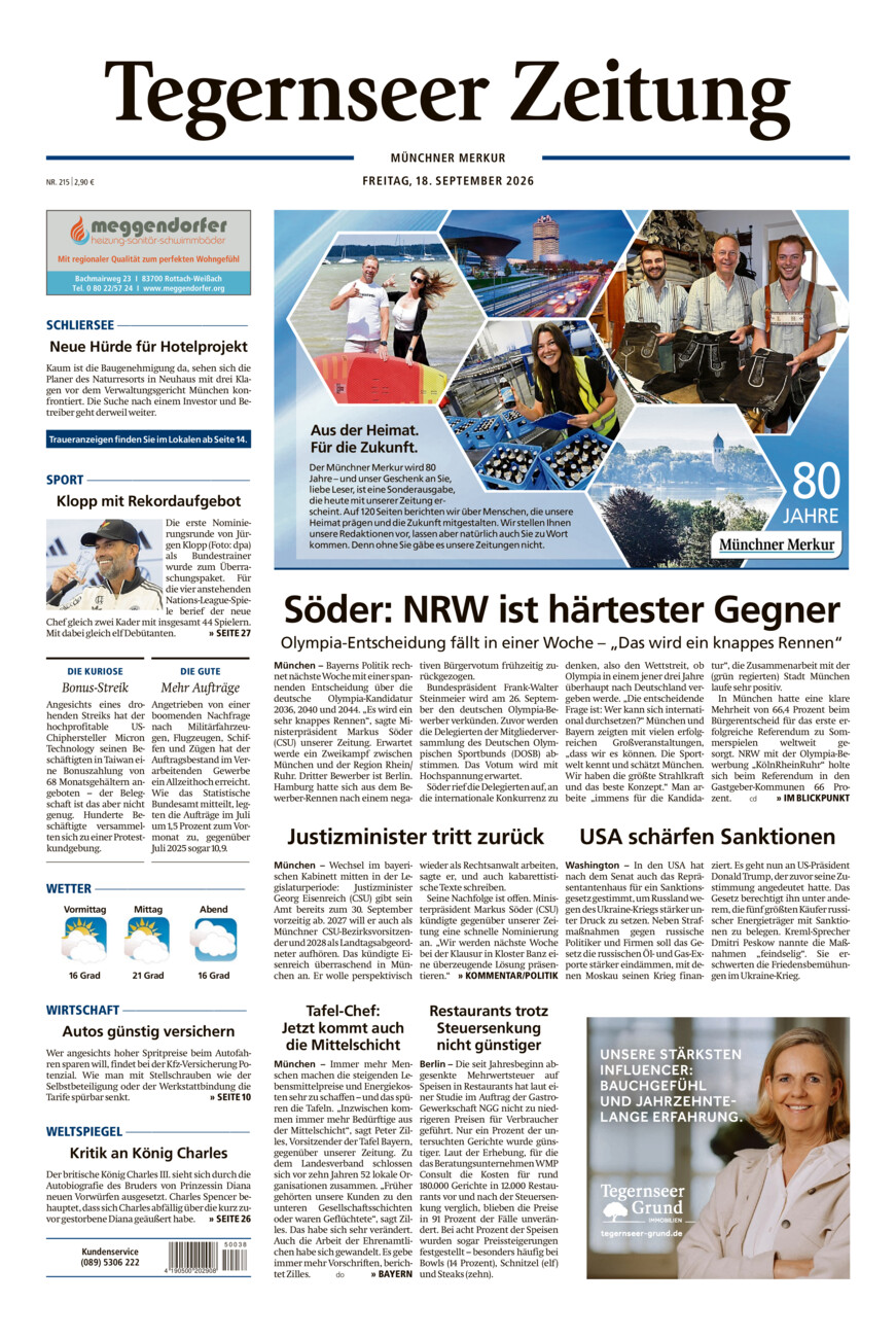 Tegernseer Zeitung vom Freitag, 18.09.2026