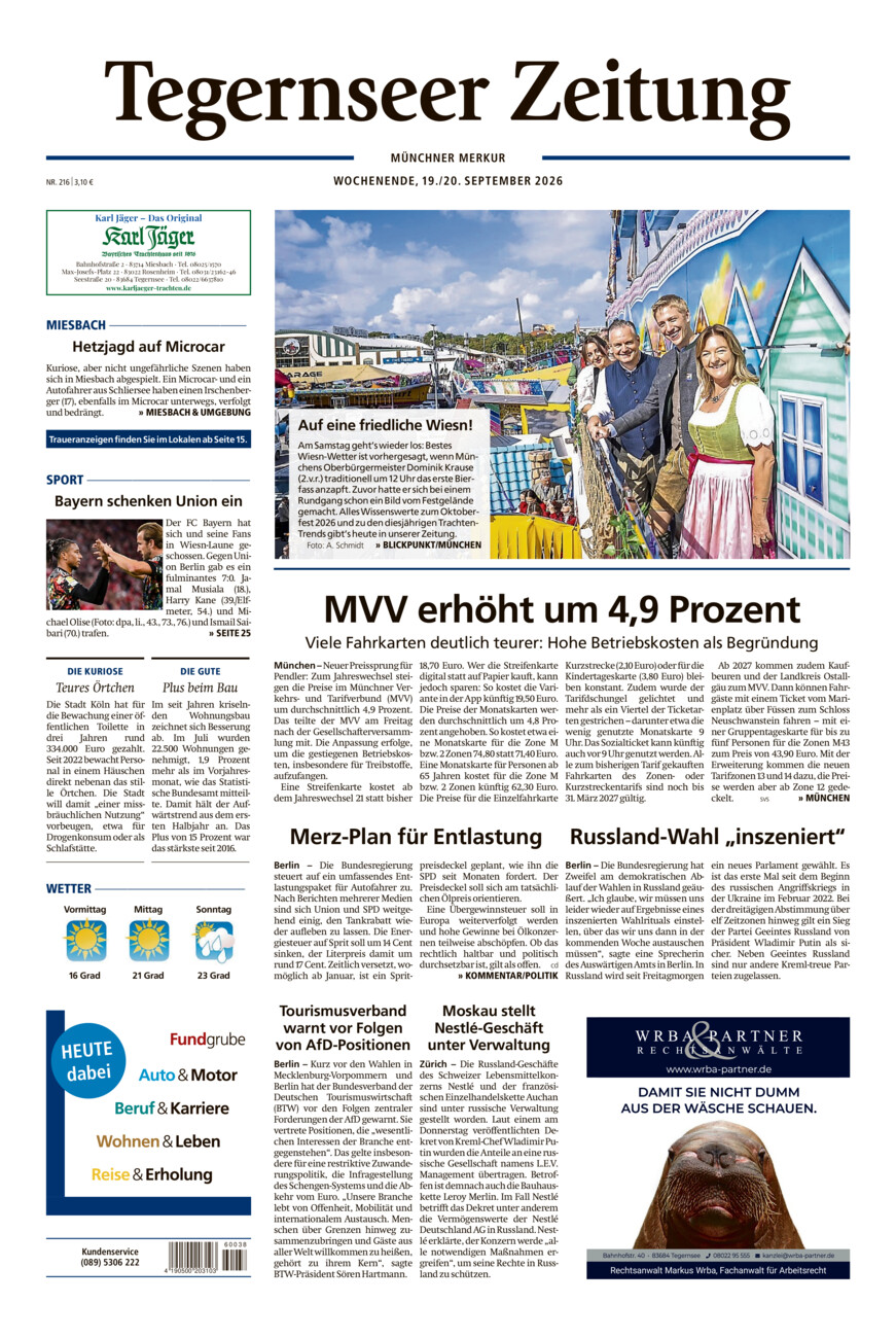 Tegernseer Zeitung vom Samstag, 19.09.2026