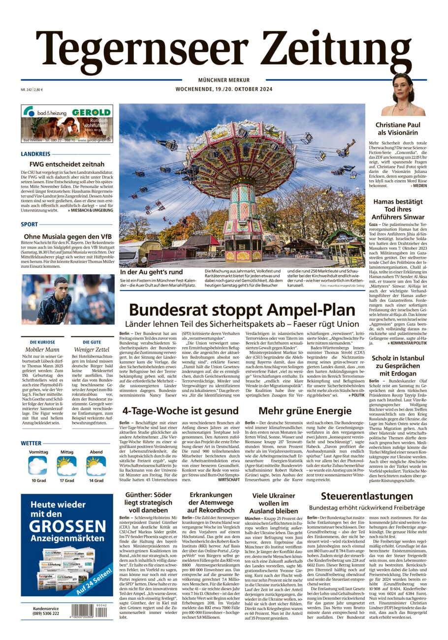 Tegernseer Zeitung vom Samstag, 19.10.2024