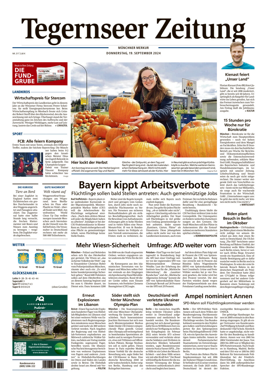 Tegernseer Zeitung vom Donnerstag, 19.09.2024