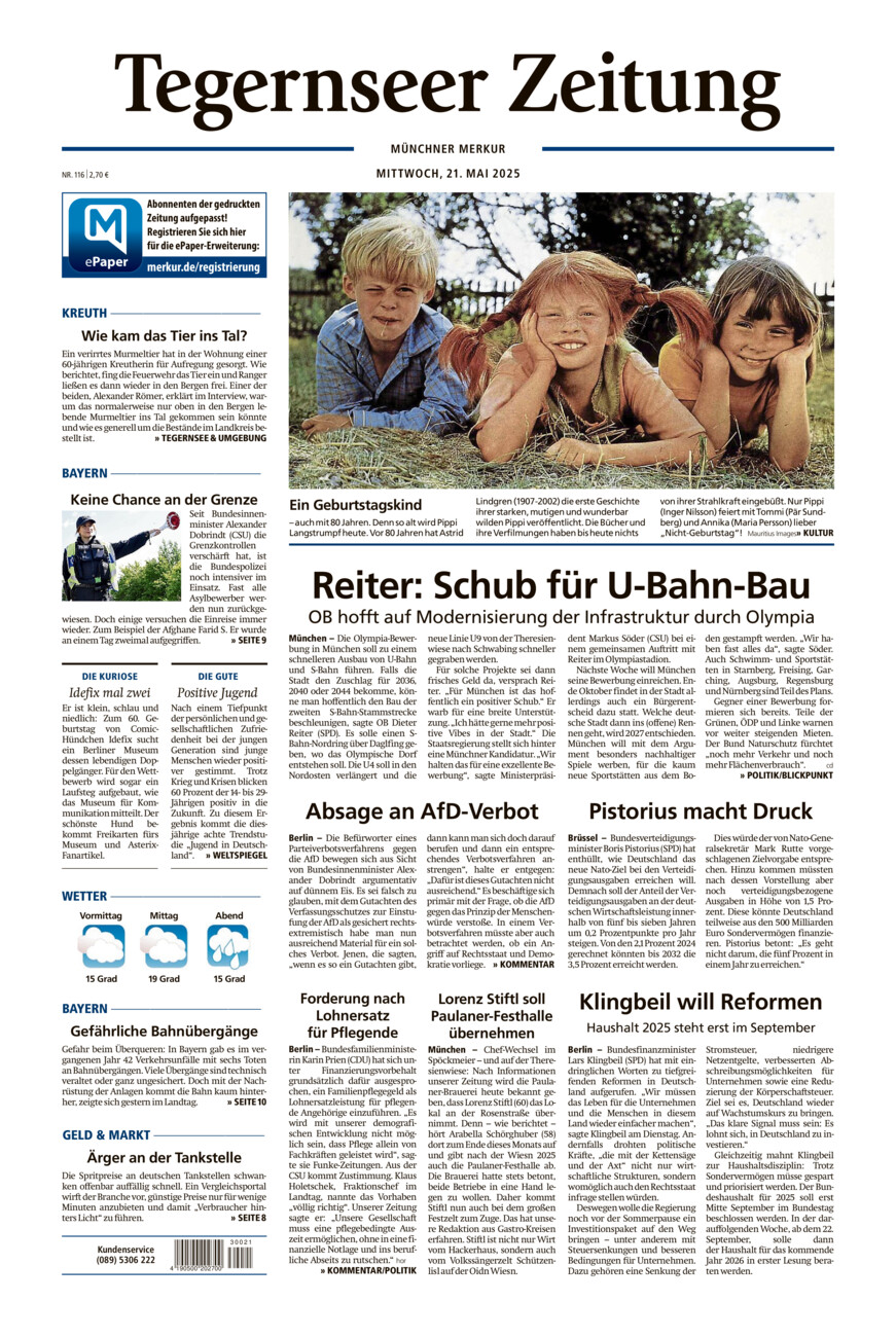 Tegernseer Zeitung vom Mittwoch, 21.05.2025
