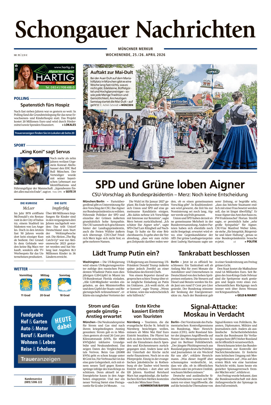 Schongauer Nachrichten vom Samstag, 25.04.2026