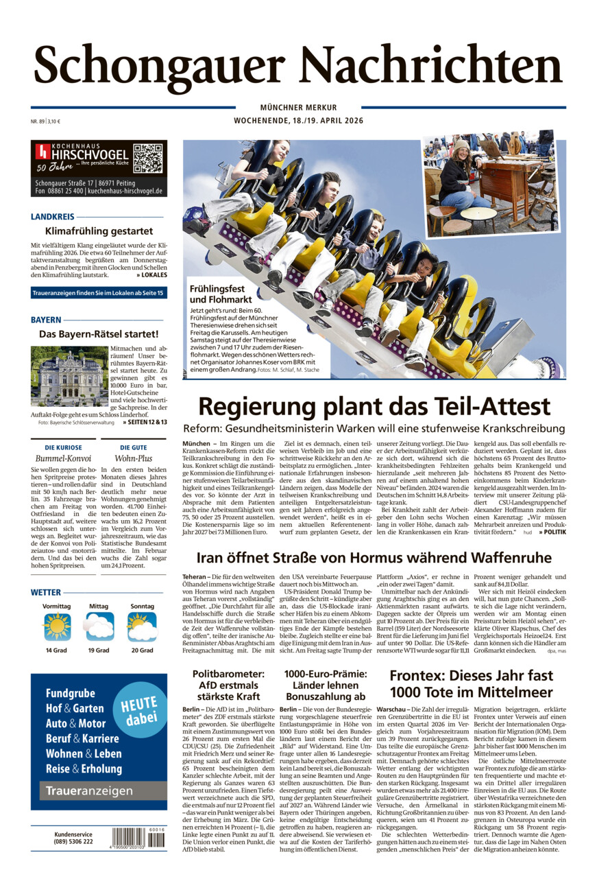 Schongauer Nachrichten vom Samstag, 18.04.2026