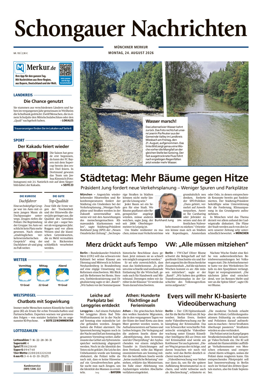 Schongauer Nachrichten vom Montag, 24.08.2026