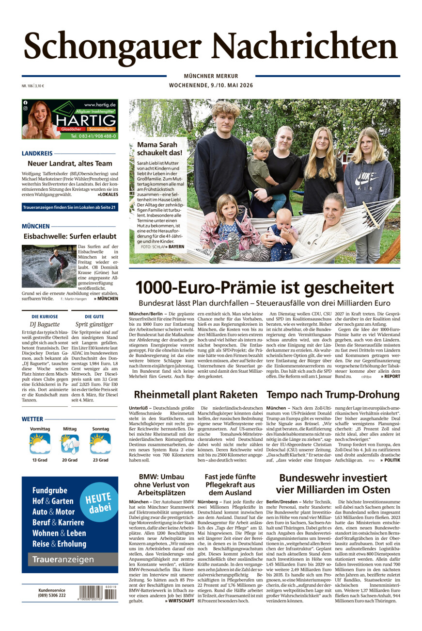 Schongauer Nachrichten vom Samstag, 09.05.2026