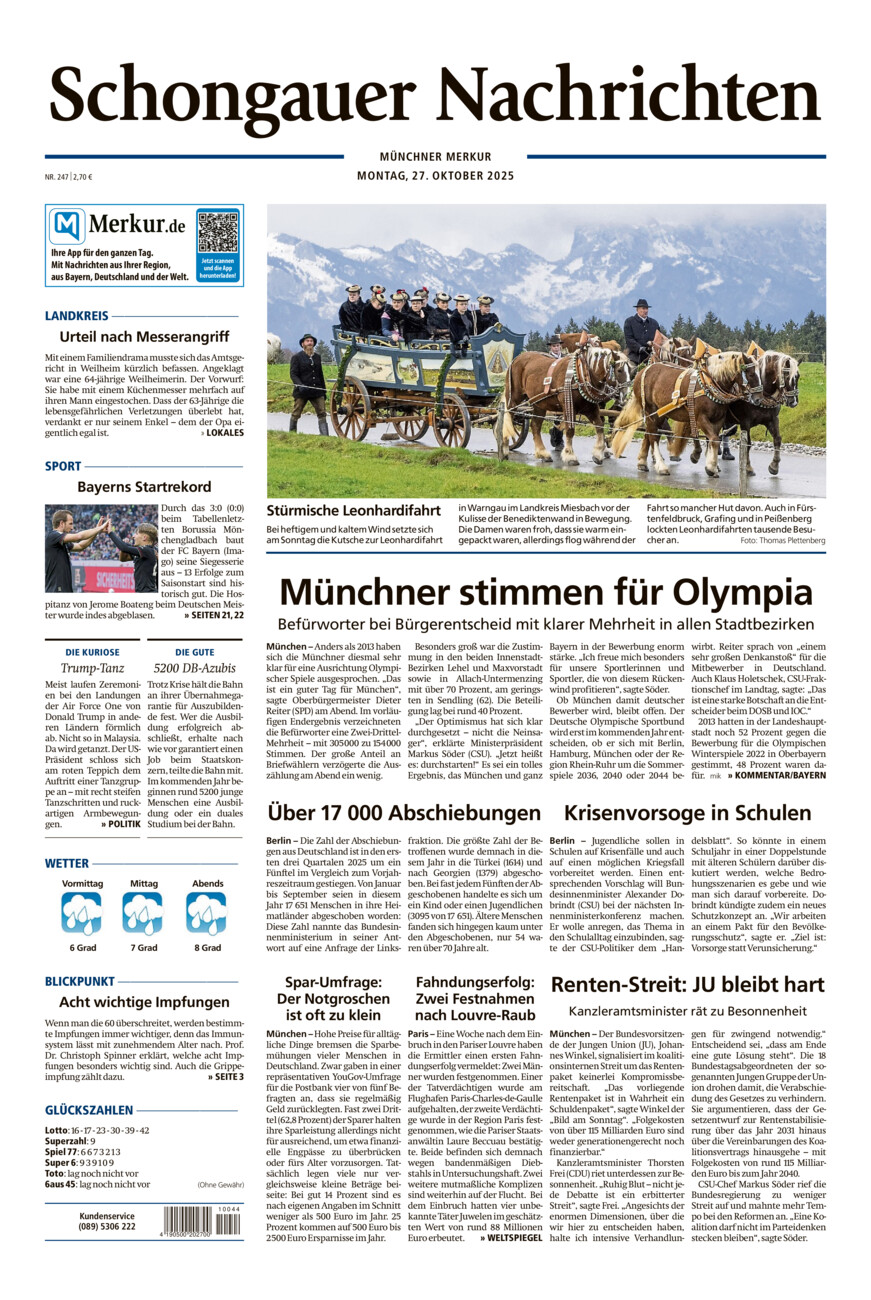 Schongauer Nachrichten vom Montag, 27.10.2025