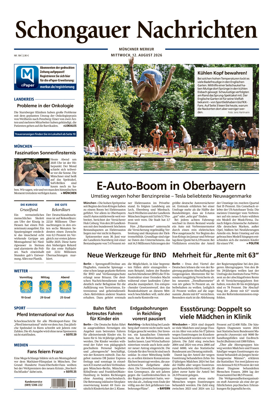 Schongauer Nachrichten vom Mittwoch, 12.08.2026