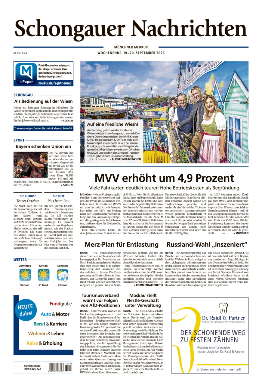 Schongauer Nachrichten vom Samstag, 19.09.2026