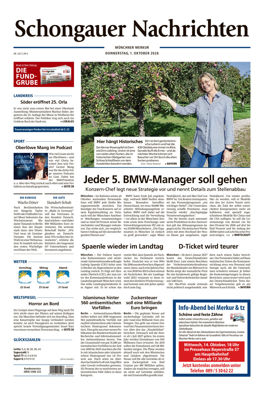 Schongauer Nachrichten vom Donnerstag, 01.10.2026