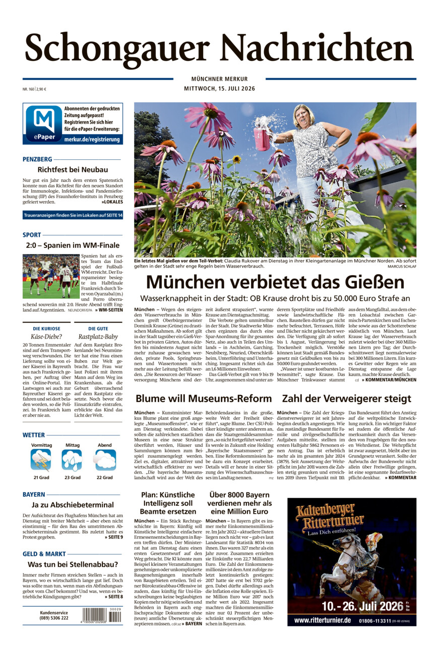 Schongauer Nachrichten vom Mittwoch, 15.07.2026