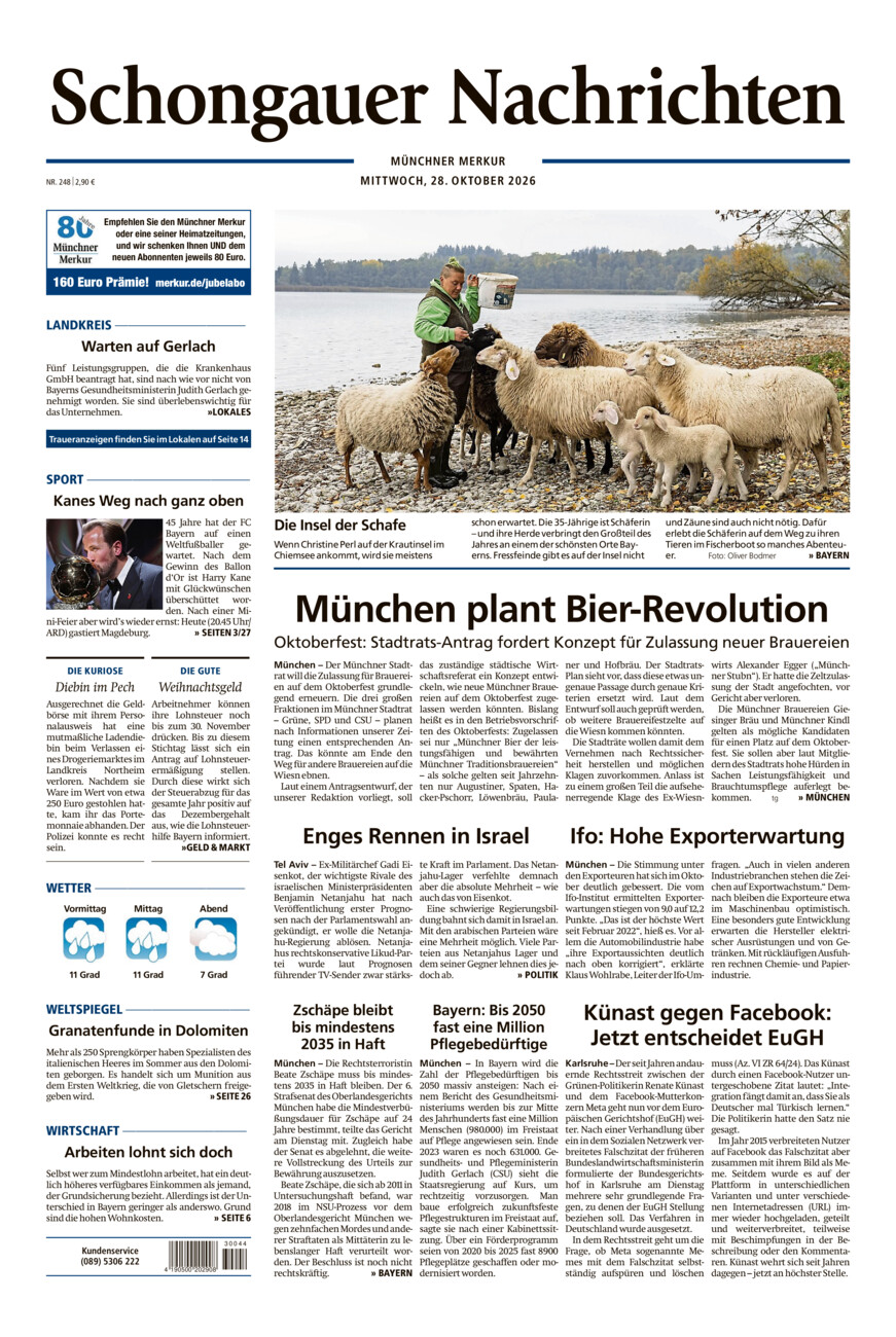 Schongauer Nachrichten vom Mittwoch, 28.10.2026