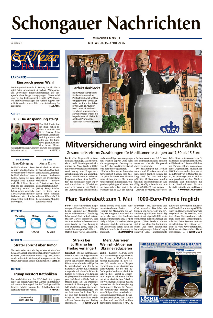 Schongauer Nachrichten vom Mittwoch, 15.04.2026
