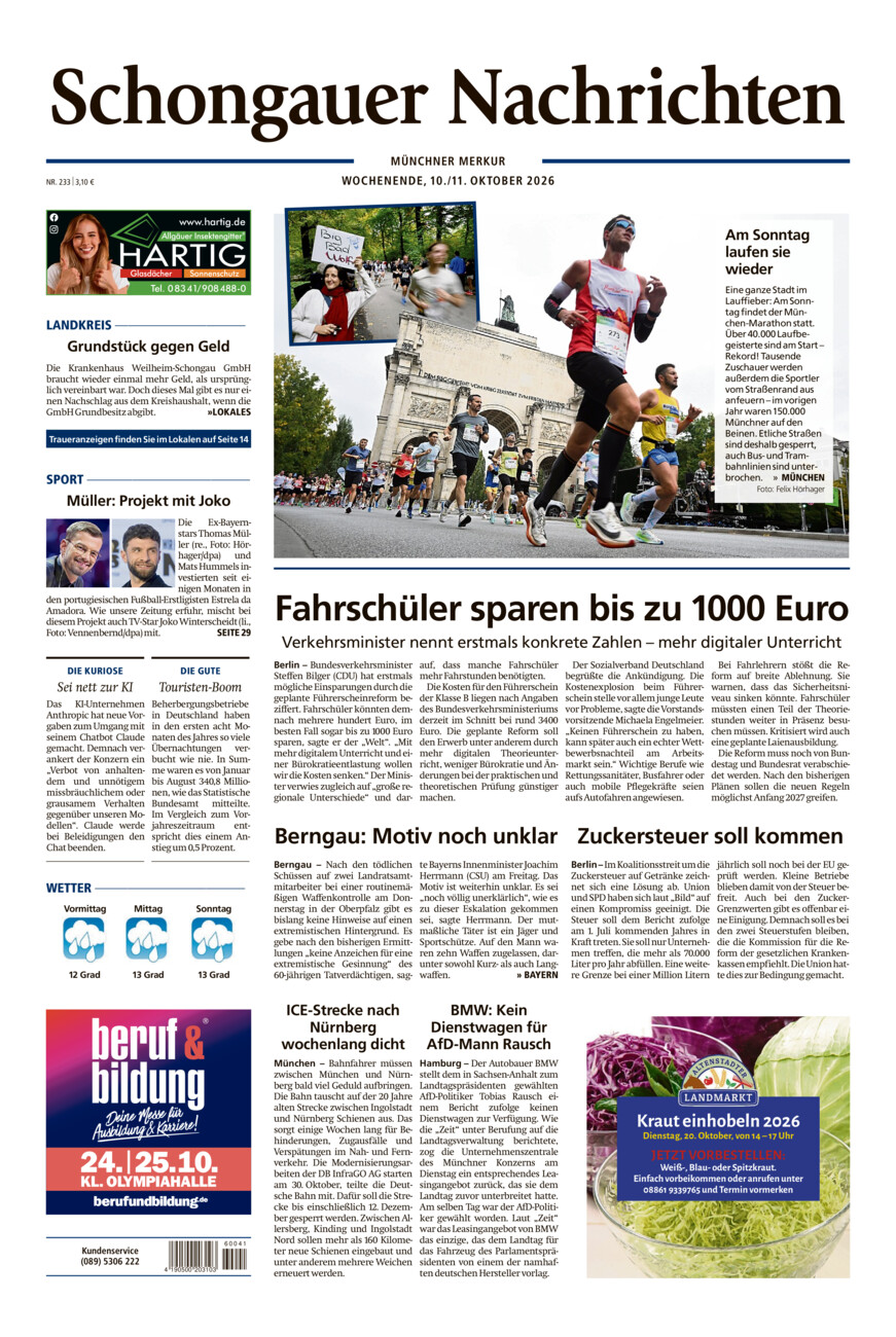 Schongauer Nachrichten vom Samstag, 10.10.2026