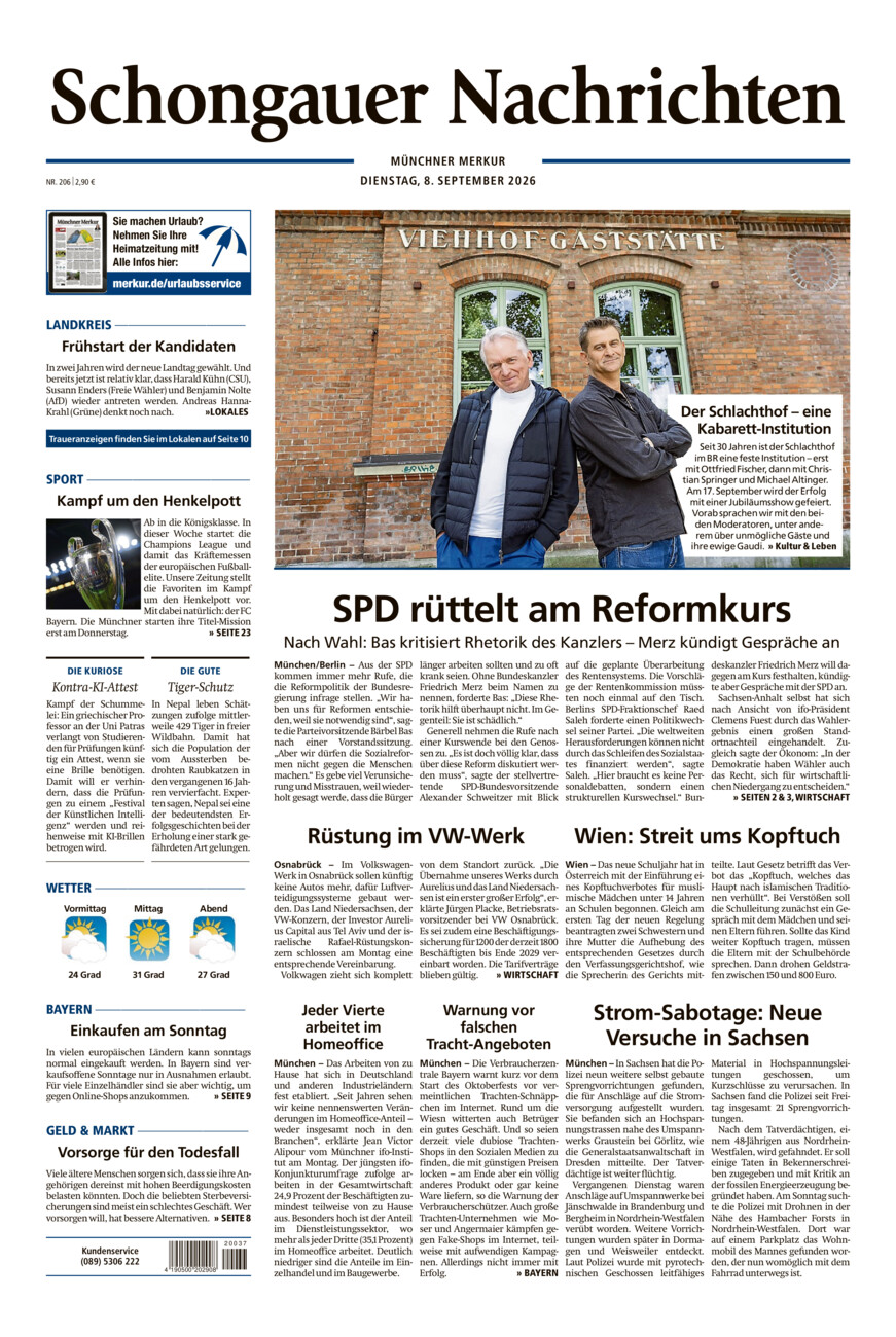 Schongauer Nachrichten vom Dienstag, 08.09.2026