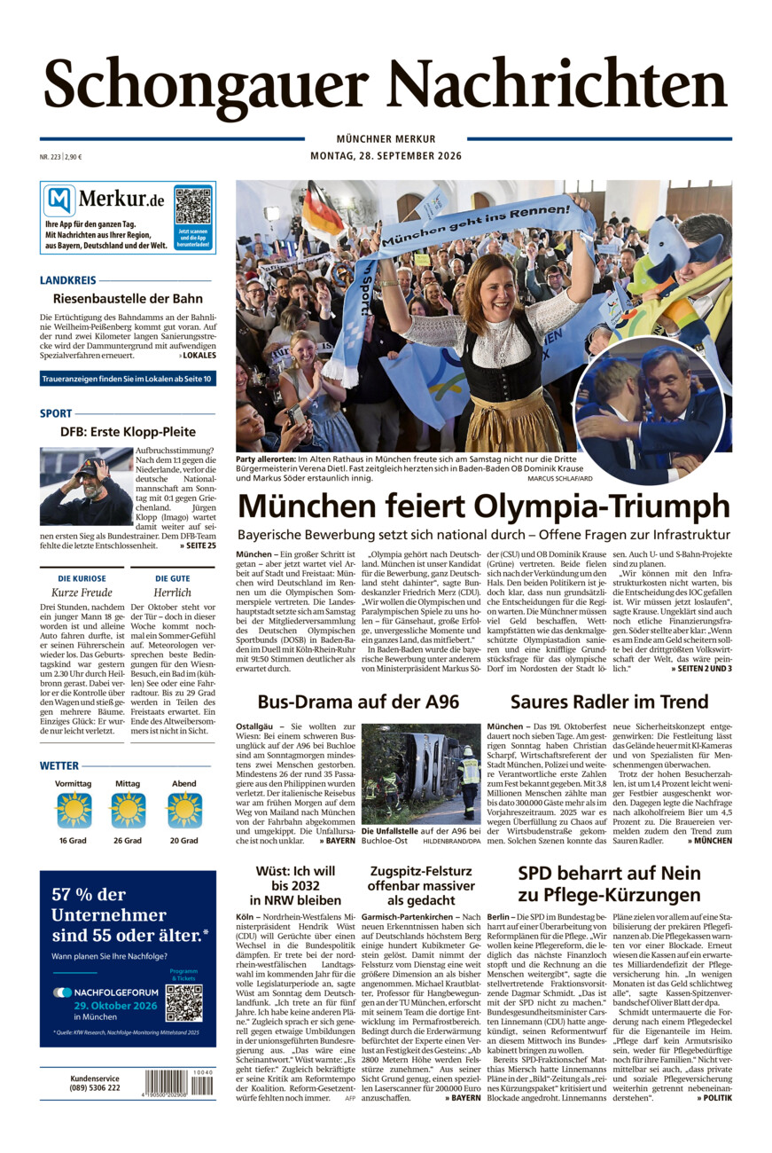 Schongauer Nachrichten vom Montag, 28.09.2026