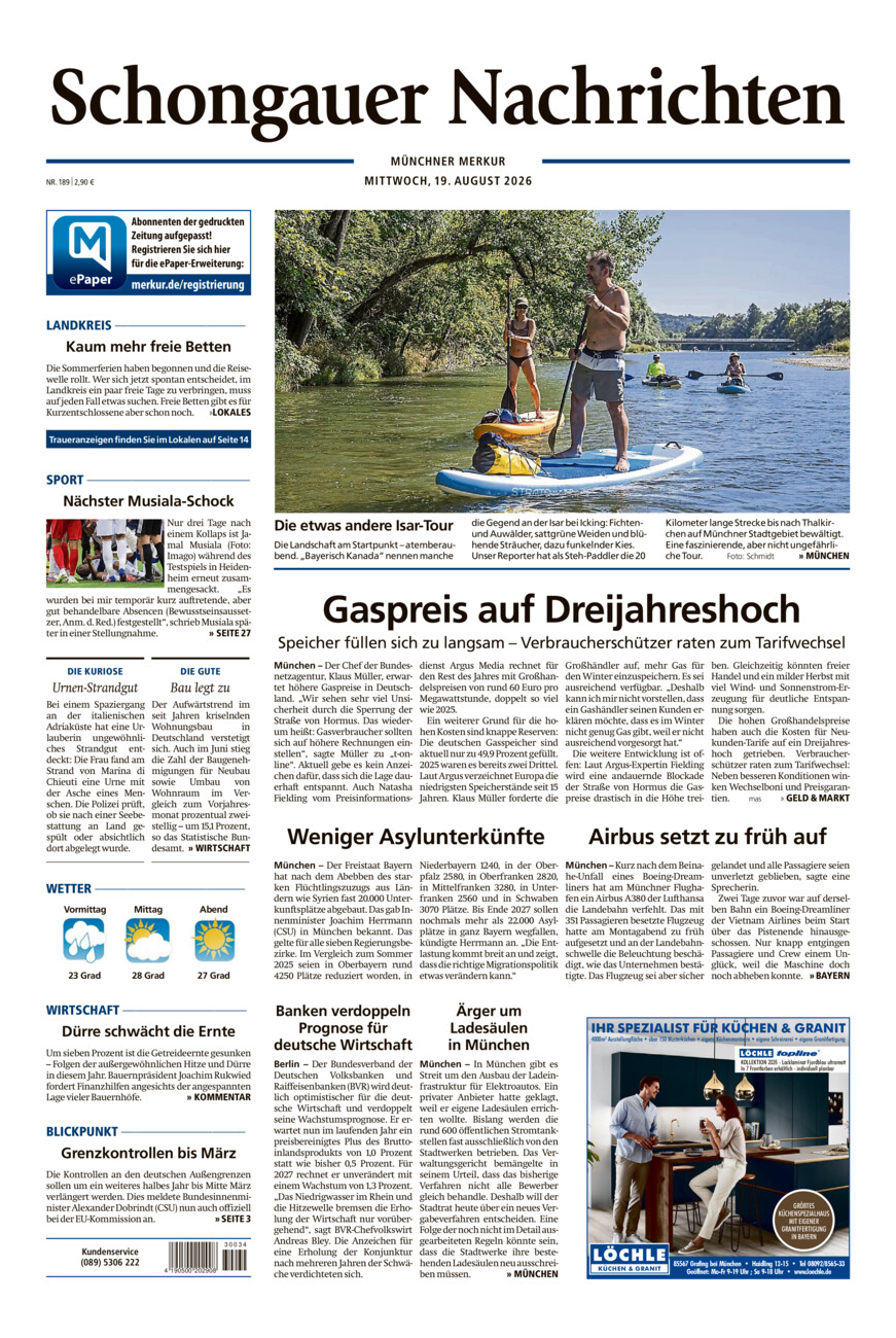 Schongauer Nachrichten vom Mittwoch, 19.08.2026