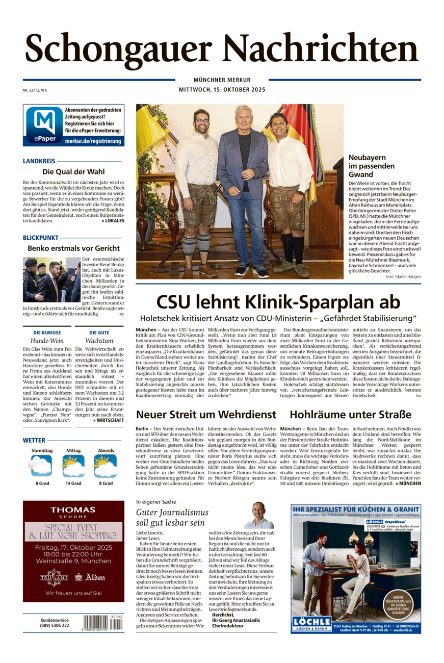 Schongauer Nachrichten vom Mittwoch, 15.10.2025