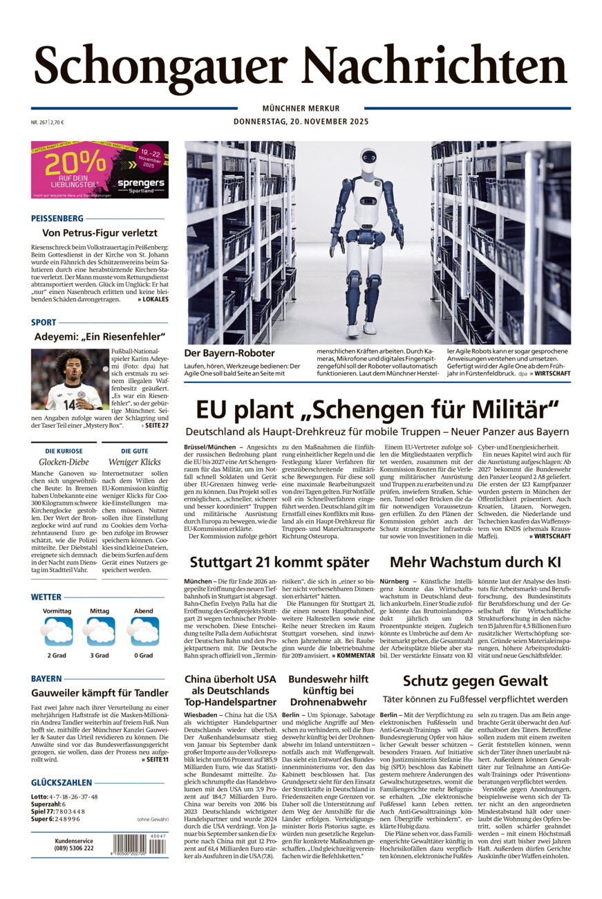 Schongauer Nachrichten vom Donnerstag, 20.11.2025