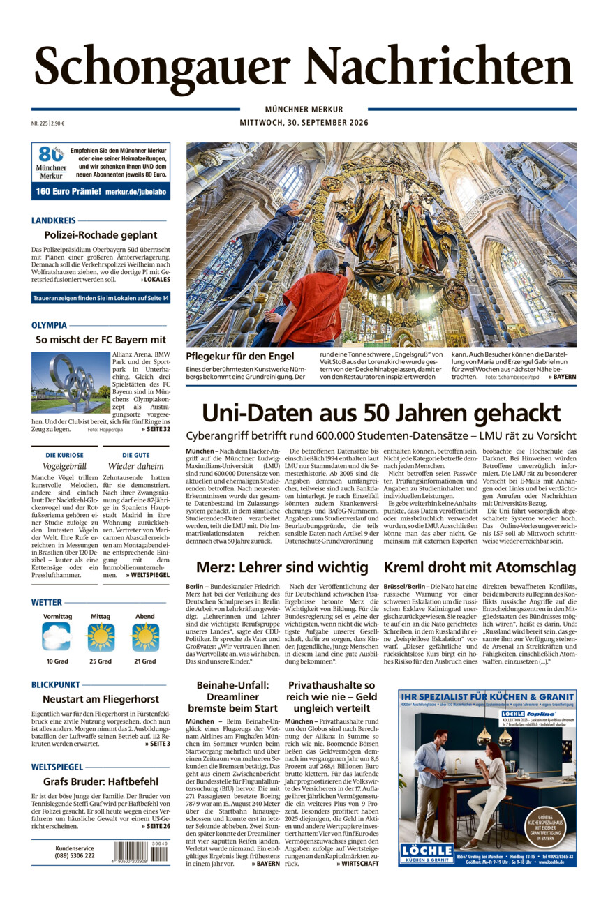 Schongauer Nachrichten vom Mittwoch, 30.09.2026