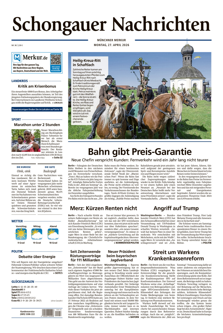 Schongauer Nachrichten vom Montag, 27.04.2026