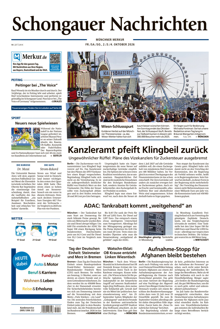 Schongauer Nachrichten vom Freitag, 02.10.2026