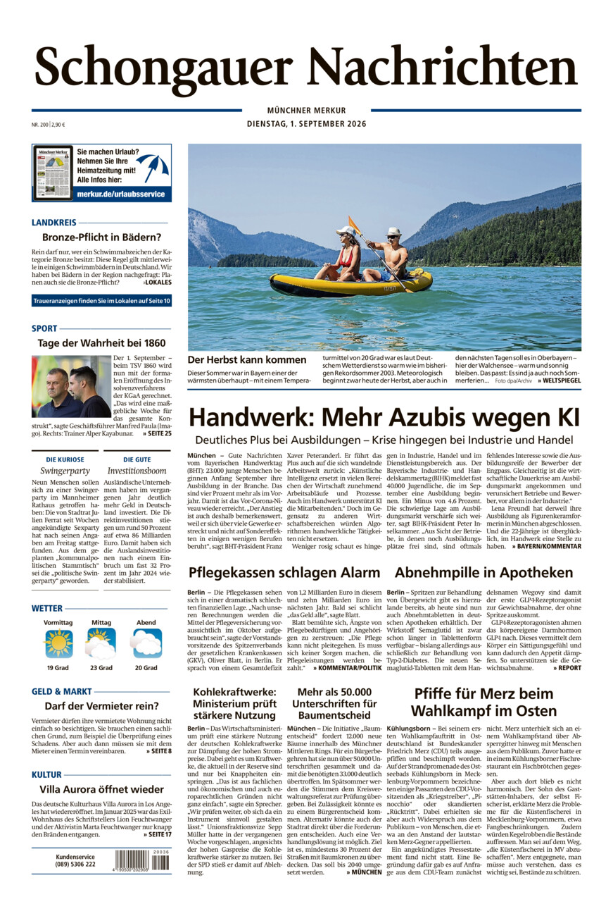 Schongauer Nachrichten vom Dienstag, 01.09.2026