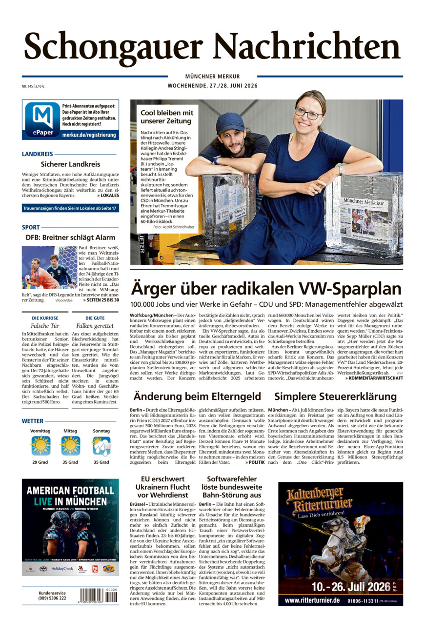 Schongauer Nachrichten vom Samstag, 27.06.2026