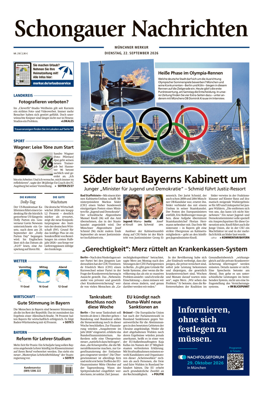Schongauer Nachrichten vom Dienstag, 22.09.2026