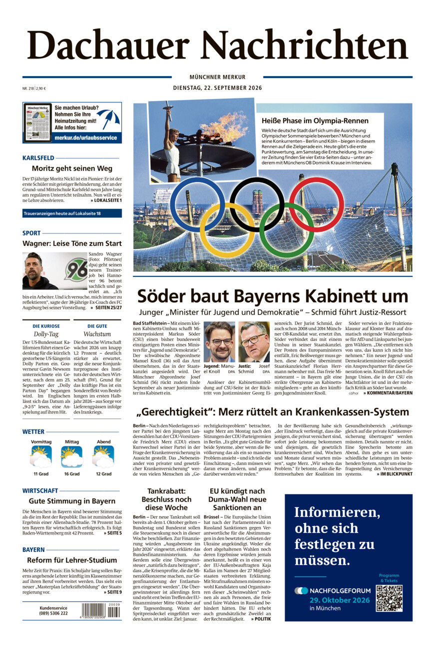 Dachauer Nachrichten vom Dienstag, 22.09.2026