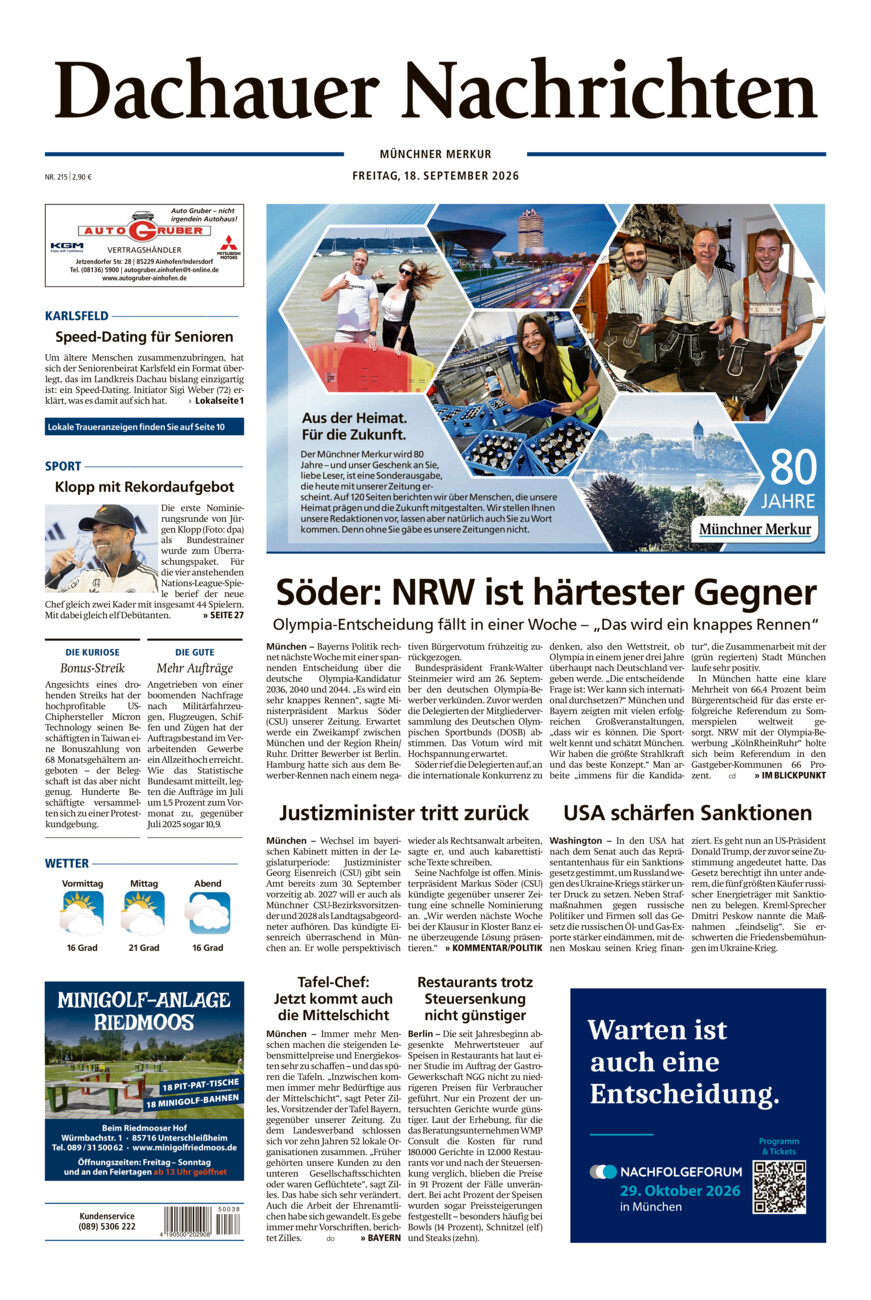 Dachauer Nachrichten vom Freitag, 18.09.2026