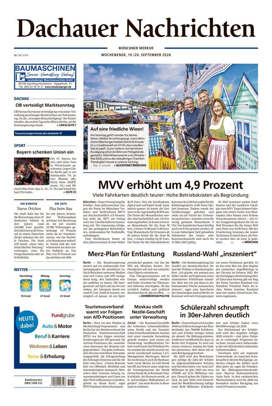 Dachauer Nachrichten vom Samstag, 19.09.2026