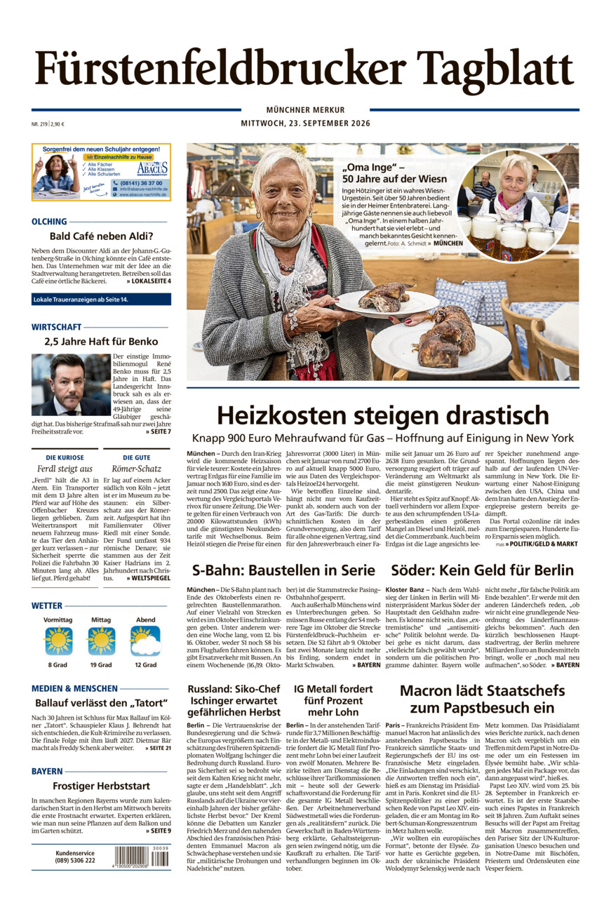 Fürstenfeldbrucker Tagblatt vom Mittwoch, 23.09.2026