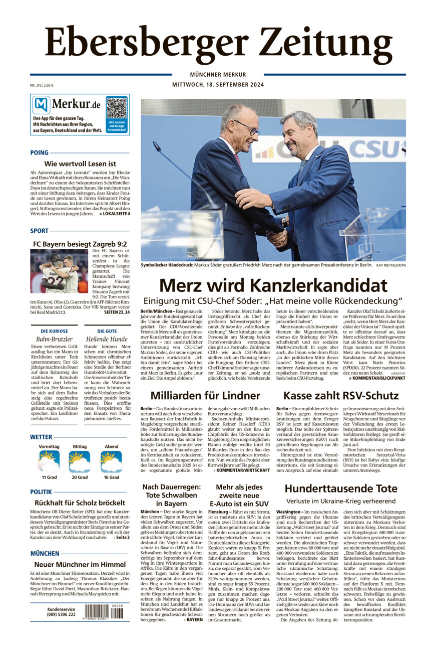 Ebersberger Zeitung vom Mittwoch, 18.09.2024