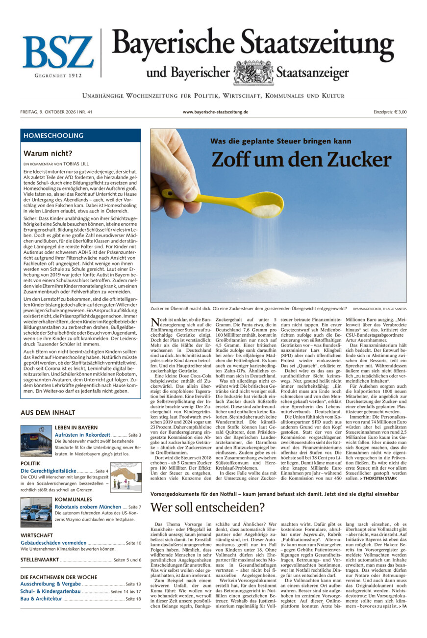 Bayerische Staatszeitung vom Freitag, 09.10.2026