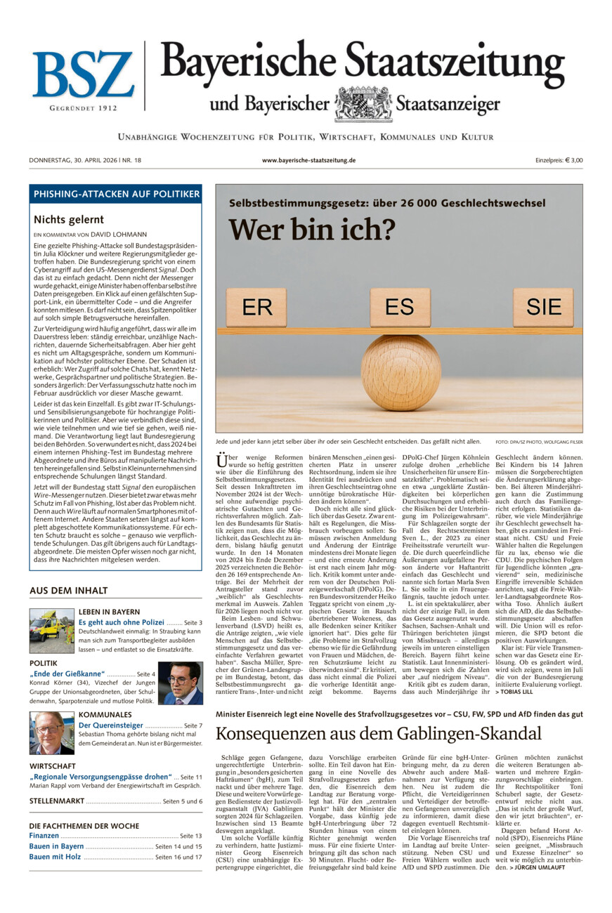 Bayerische Staatszeitung vom Donnerstag, 30.04.2026